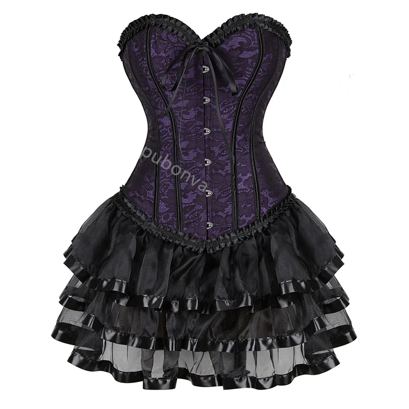 Gorset Sukienka Tutu Skrits Zestaw Overbust Z Koronką Kostium Impreza Seksowny Burlesque Strój Damski Plus Rozmiar Gotycki Halloween Czerwony Czarny
