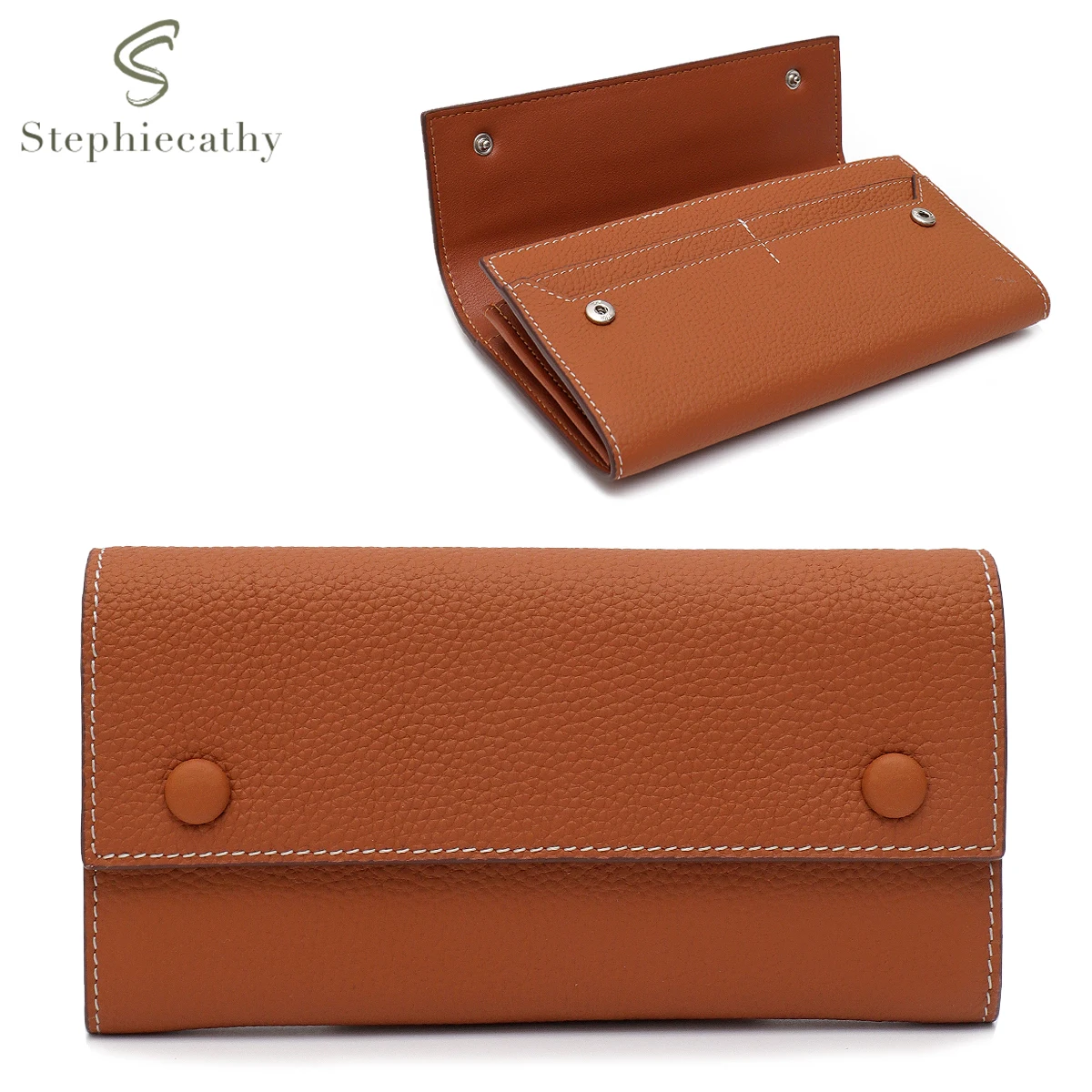 

SC Women Elegant Daily Long Wallet Genuine Leather Button Flap Cover Multi Card Holders Cash Slots Phone Purse Coin Purse Clutch