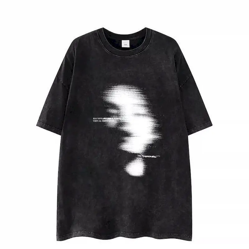 Cotton T-shirts Hip-hop Dark Abstract Design Tshirt Phantom Washed Vintage Short Sleeved Loose Top Cool Ins Trend T Shirt Summer