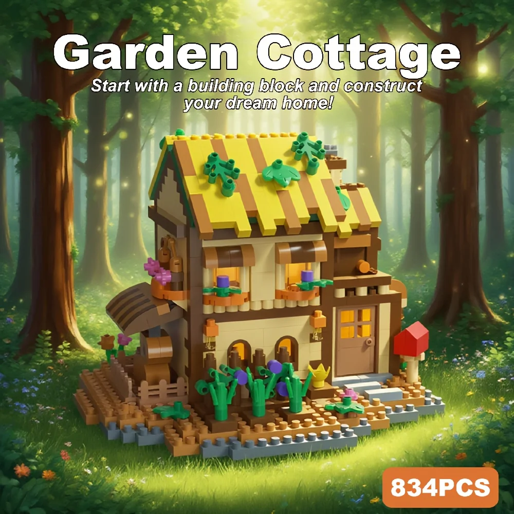 

834+ Micro-Particle Secret Garden Wooden House, Warm Building Block Set, Gift Box, Mini landscape