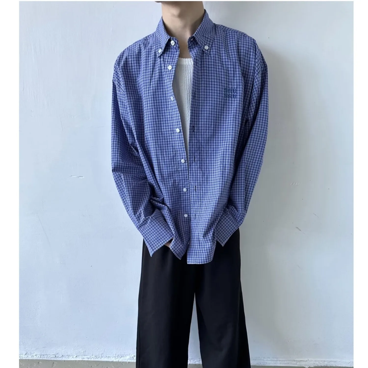 

Summer Large Size Men's Shirt Vintage Loose Long Sleeve Collared Blue Plaid Casual Fashion Polyester Fiber No Ironing Required