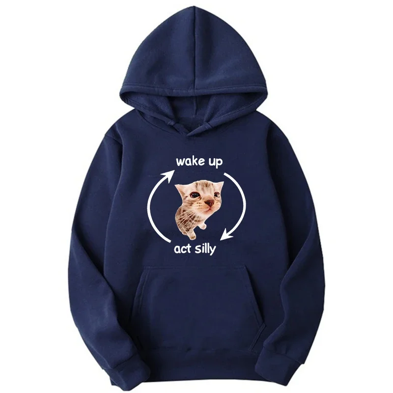 Wake Up Act Silly Meme Graphic New Men's Hoodies Funny Cute Cat Printing Casual Sweatshirt Men Women Oversized Pullovers Hoody