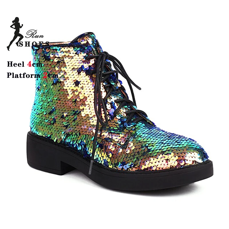 

Повседневные ботильоны на низком каблуке с блестками, женские осенне-зимние женские туфли на низком каблуке с круглым носком и шнуровкой, клубные вечерние танцевальные ботинки