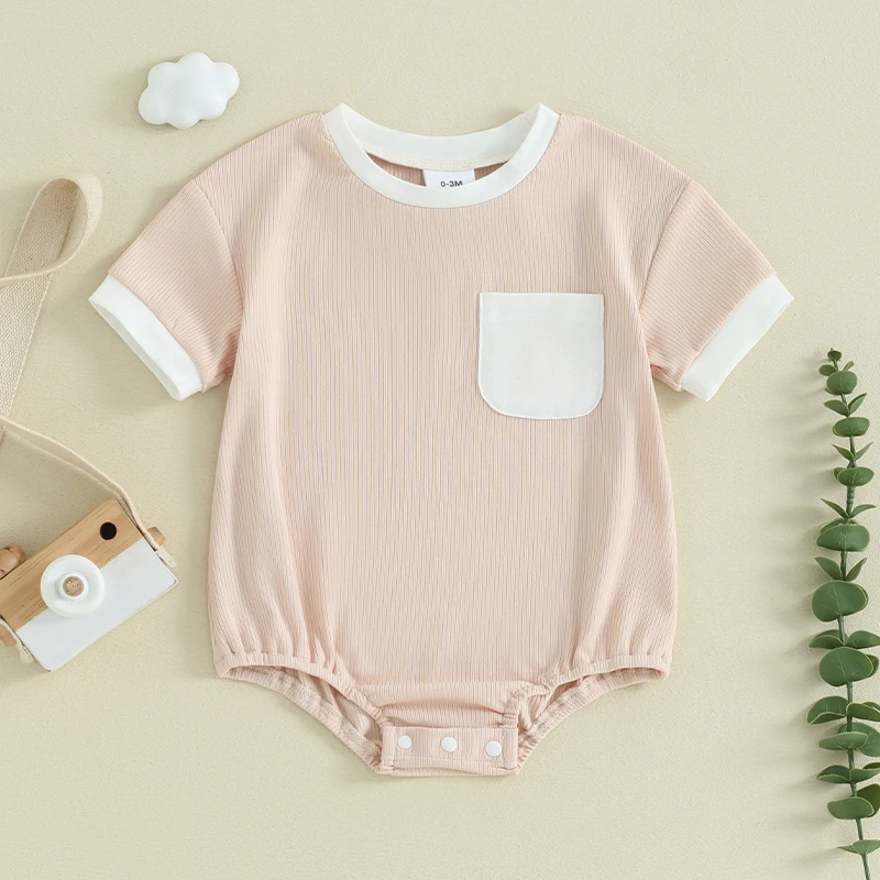 Infant Baby Boy Basic Plain Romper Contrast Trim Chest Pocket Short Sleeve Romper Bodysuit Jumpsuit Baby Clothes