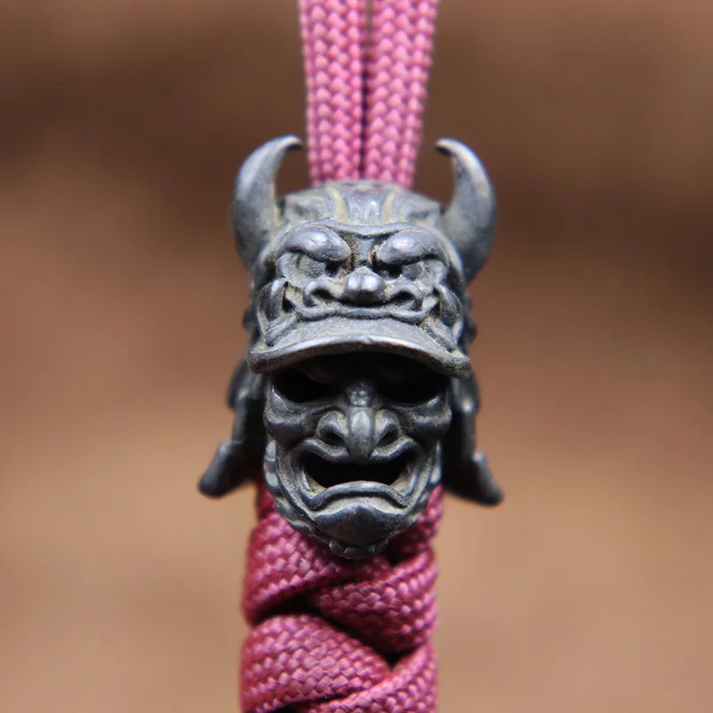 Black Japanese Eagle Nose Samurai Helmet Knife Bead Brass Woven Paracord Lanyard Pendant Outdoor EDC Umbrella Rope DIY Accessory