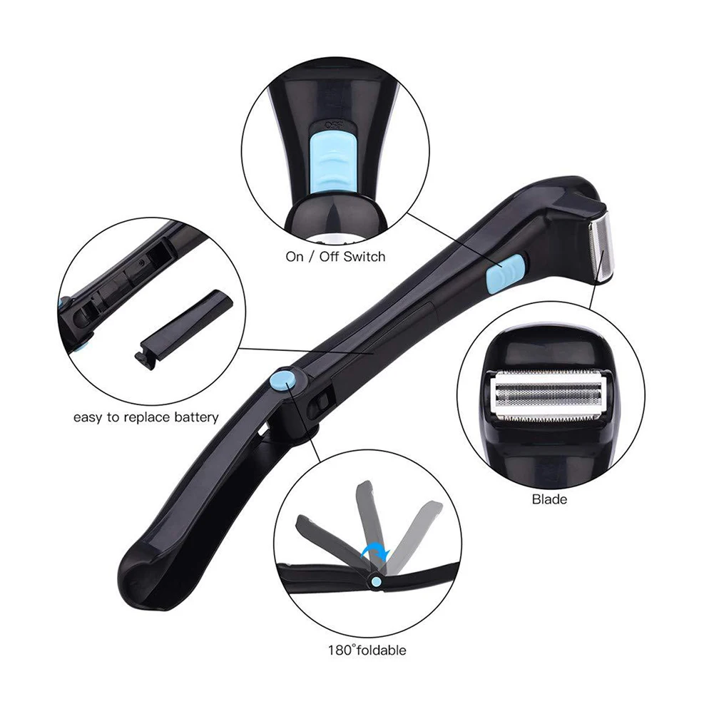 Men Adjustable Back Shaver 180 Degrees Foldable Manual Shaving Razor Battery Powered Long Handle for Full Body Leg Hair