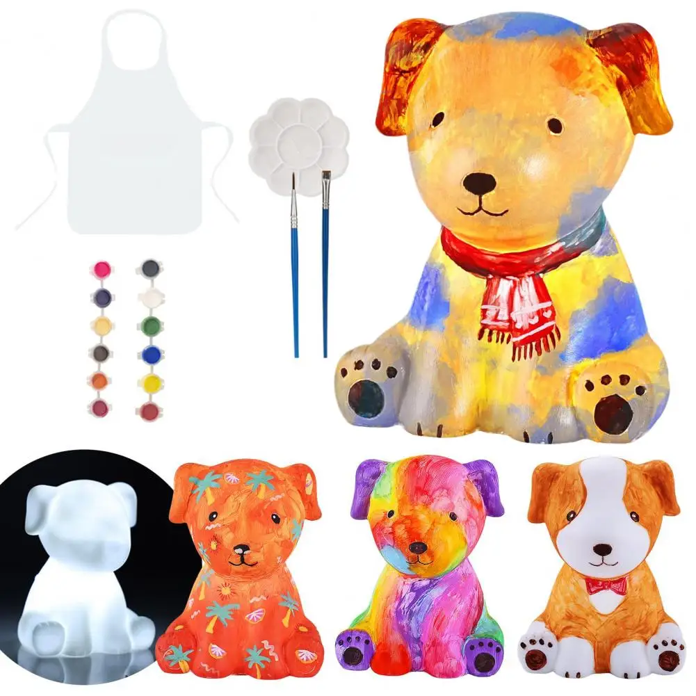 Kids Dog Painting Kit Diy Dog Lamp Kit with 12 Colors Pigments Paintbrush Palette Apron Kids Educational Toy Crafts for Painting