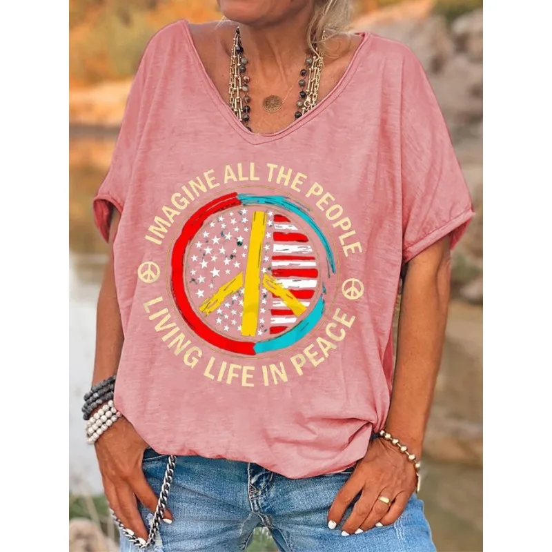 ilstile Women's Hippie Living Life In Peace Print T-Shirts Summer Short Sleeve Casual Loose V Neck Tops Black Tees New Arrival