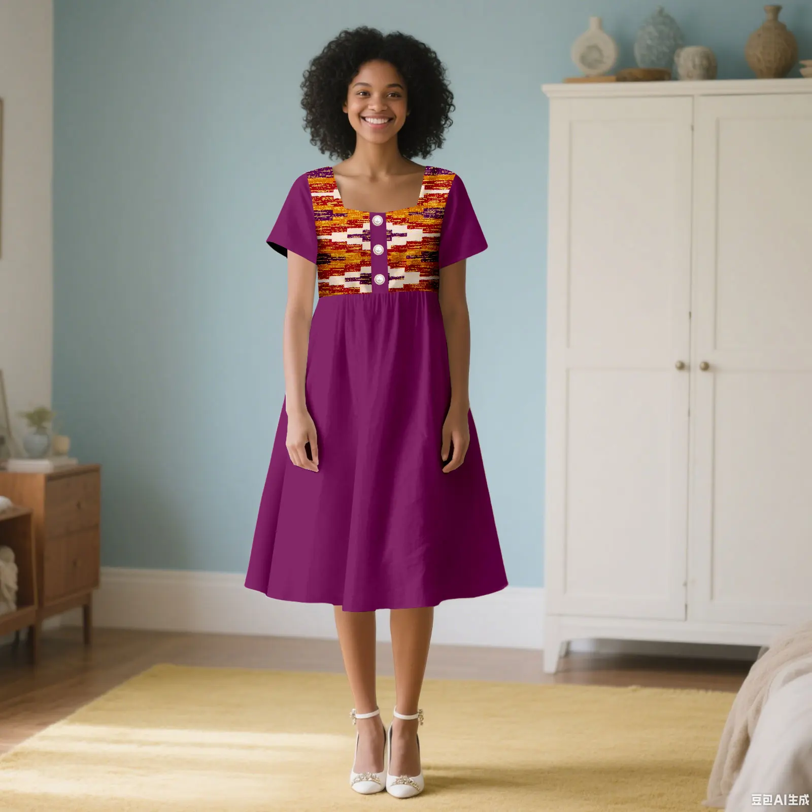 Afripride Custom African Dashiqi Dress, Women's Style, Short Sleeve with Ankara Print Fabric Panel at the Chest 2525105