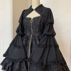 NONSAR Gothic Lolita Cardigan Blouse Women Loose Puff Sleeve Lace Patchwork Black Cropped Shirts Harajuku Bat Collar Capes Tops