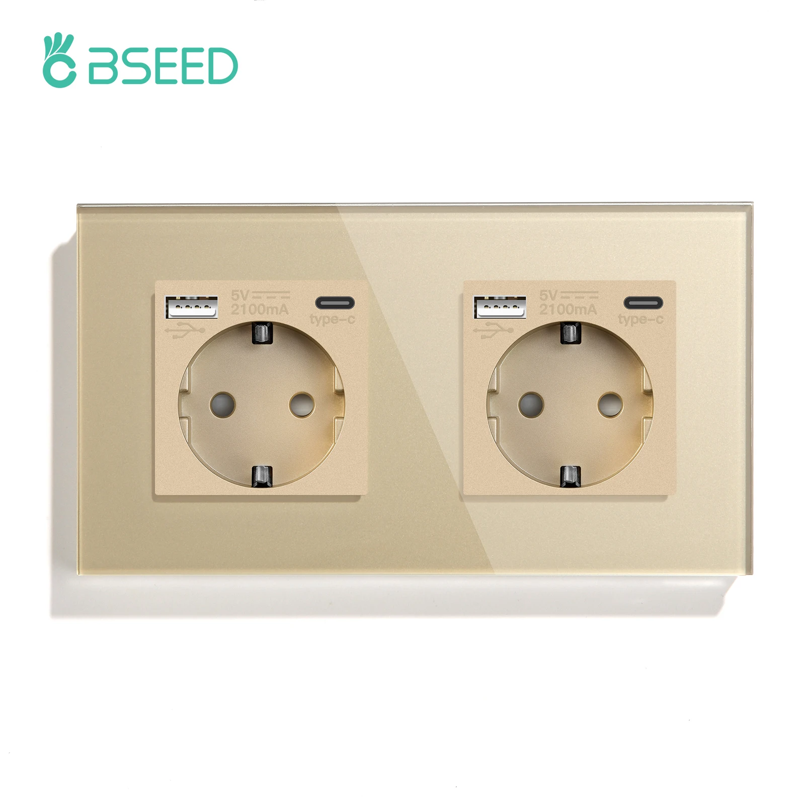 BSEED EU-stopcontacten Enkel stopcontact Dubbel glazen frame USB Type-C Oplaadpoorten Drievoudige stopcontactstekkers Kinderbescherming 16A