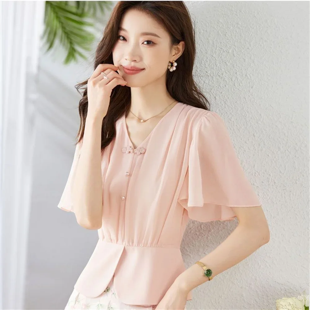 Damesblouse Nieuwe zomer V-hals chiffon overhemd met korte mouwen Chinese stijl Vintage tops Koreaanse mode vrouwelijke shirts