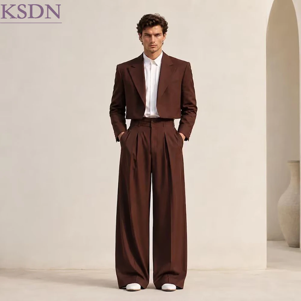 Modern Style Men's Suits Cropped Sytle 2 Piece Jacket Pants Sets Elegant Prom Party Male Clothing Costume Homme