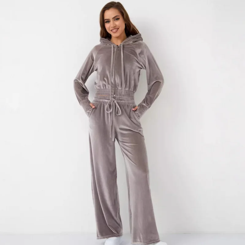 

New Fashion Casual Women's Solid Color Zipper Cardigan Silver Velvet Sweatshirt Tie Pants Two-piece Set