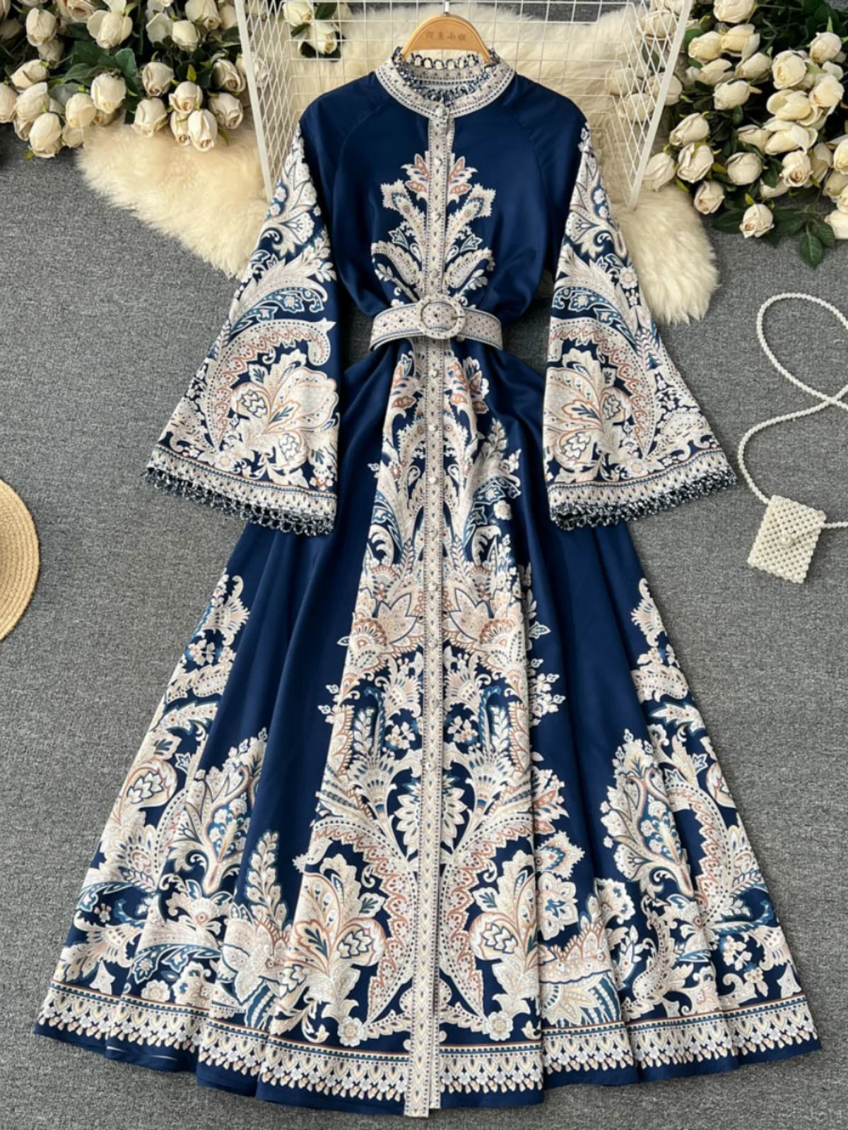 

Long A-Line Midi Dr Spring Commute Sle Hig Retro Floral Print round Ne Bell Sve Dr Women's Single Button Skirt