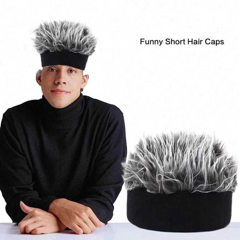 1pc Cool Adjustable Beanie Wig Hat, Slicked Back Fluffy Wig, For Men Casual Party School Decors Hat Props Autumn Accessories