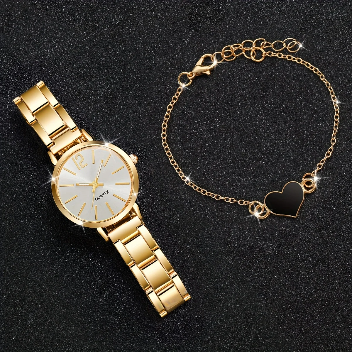 2 Stuks Zakelijke Mode Quartz Horloge Elegant Gouden Polshorloge & Hart Bedelarmband Set R Geschenken Voor Eid