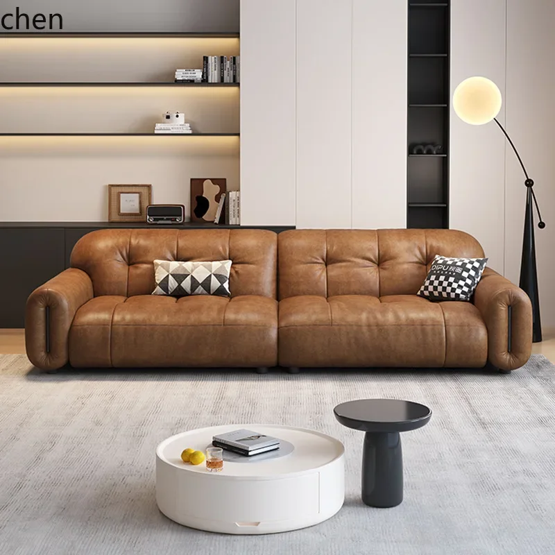 Minimalist Retro Style Oil Wax Leather Sofa Double Seater Straight Row Living Room Vintage Style Genuine Leather Sofa