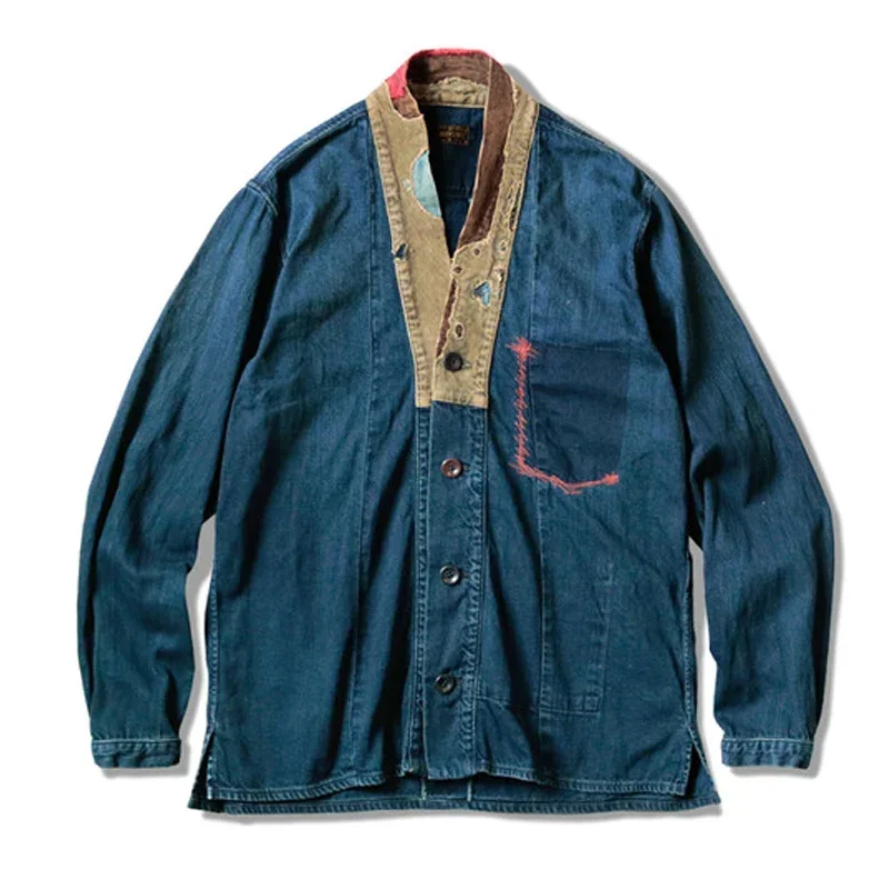 

Kapital 20aw Retro Blue Dyed Denim with Distressed Patches Kimono Shirt Coat Japan Single Breasted Men and Women Jacket