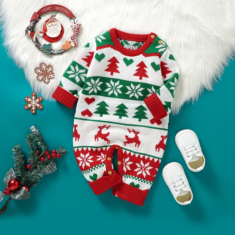 

Christmas Baby Romper Knit Infant Boy Xmas Clothes 0-18M Cute Snowflake Christmas Tree Newborn Girl Jumpsuit Long Sleeve Overall