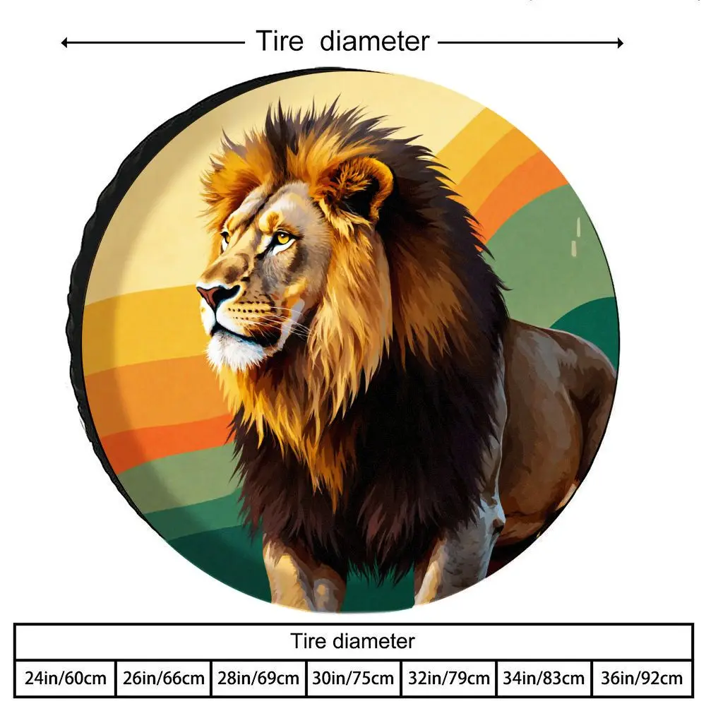 Lion Illustration Print Tire Cover | Polyester, Retro 1970s Style Art Design, Universal Fit For RVs, SUVs, Trucks | Creative Dec