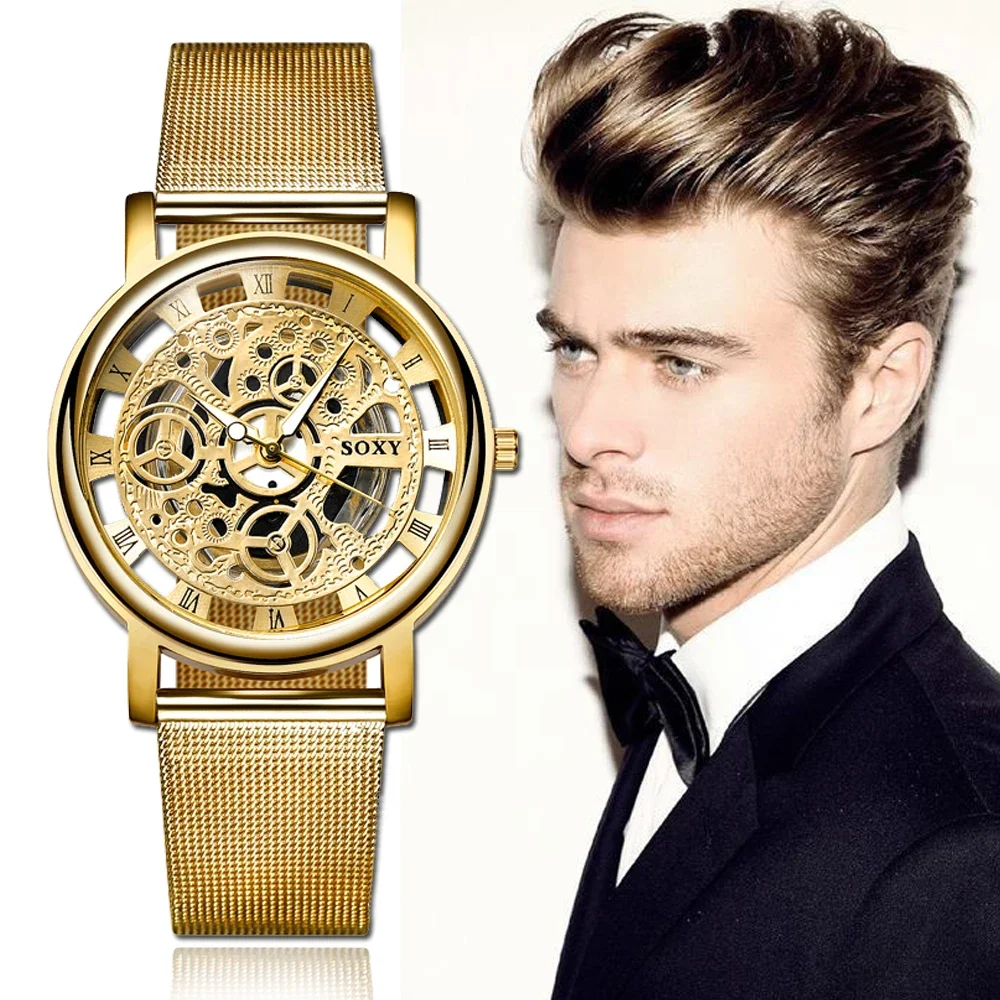 Luxury Skeleton Men Watch Women Wrist Watches Fashion Montre Homme Gold Wrist Watch Men Steel Mesh Men\'s Watch