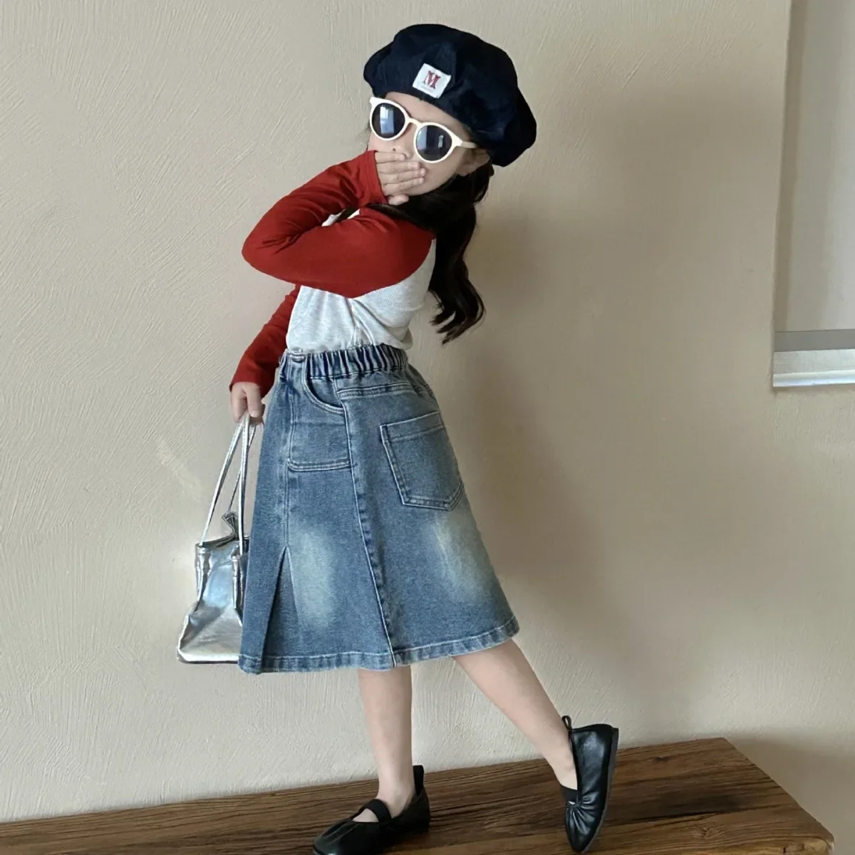 2024 Spring New Children's Wear Girl's Fashionable Denim Skirt Korean Version Fashionable and Versatile Mid length Skirt