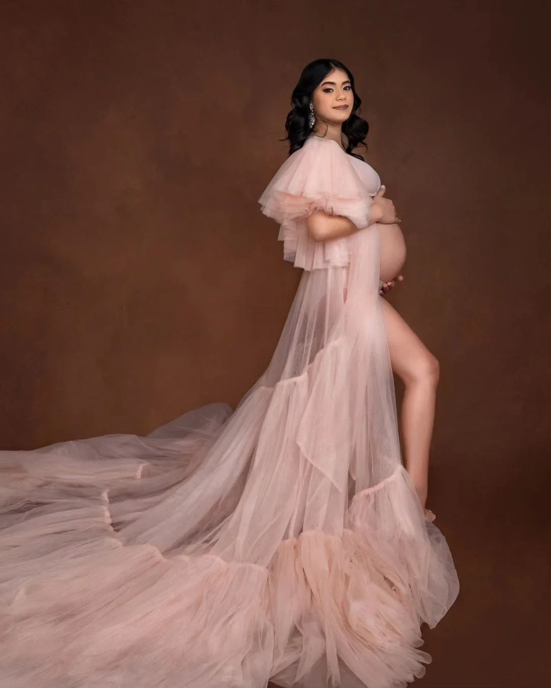 Tulle Prom Dresses Photo Shoot Or Baby Shower Sexy V Neck High Split Ruffle Photo Wedding Robe Photoshoot Gown Customized