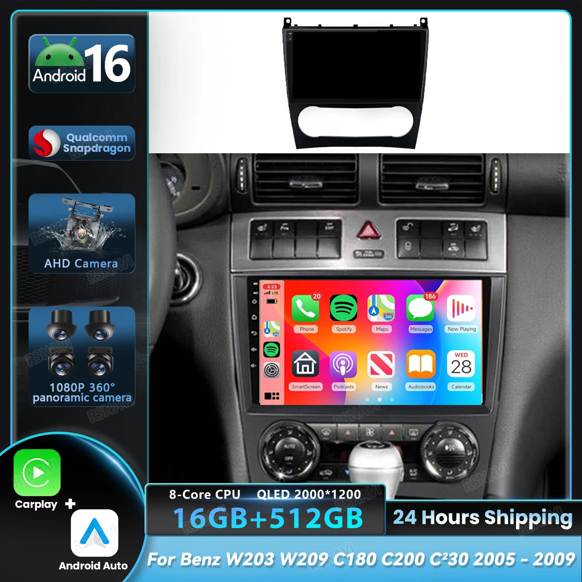 Android 16 Carplay Auto For Mercedes Benz W203 W209 C180 C200 C220 C230 2005 - 2009 Multimedia Car Radio Stereo Wireless Player