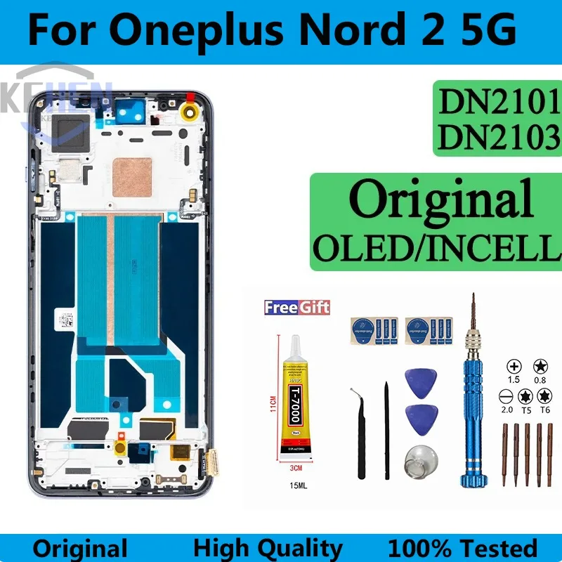 Montagem do painel digitalizador de tela sensível ao toque, tela LCD com moldura, 1 + DN2101, DN2103, 100% LCD de teste premium para OnePlus Nord 2 5G