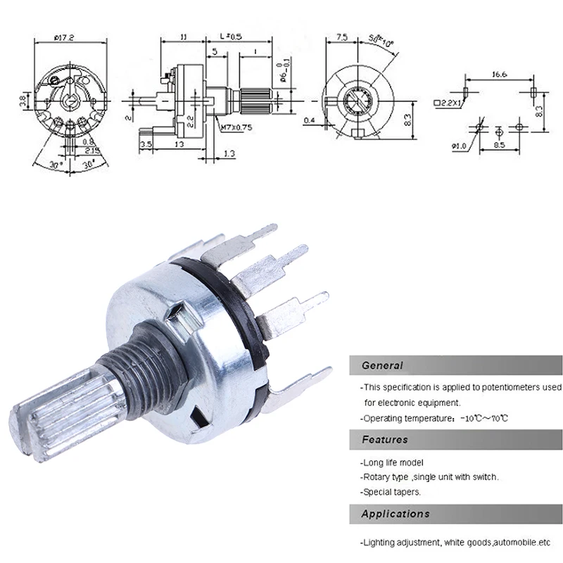 5Pcs RV17 With Switch Potentiometer B1K 2K 5K 10K 20K 50K Handle Length 15mm 5Pin Switch Carbon Film Potentiometer