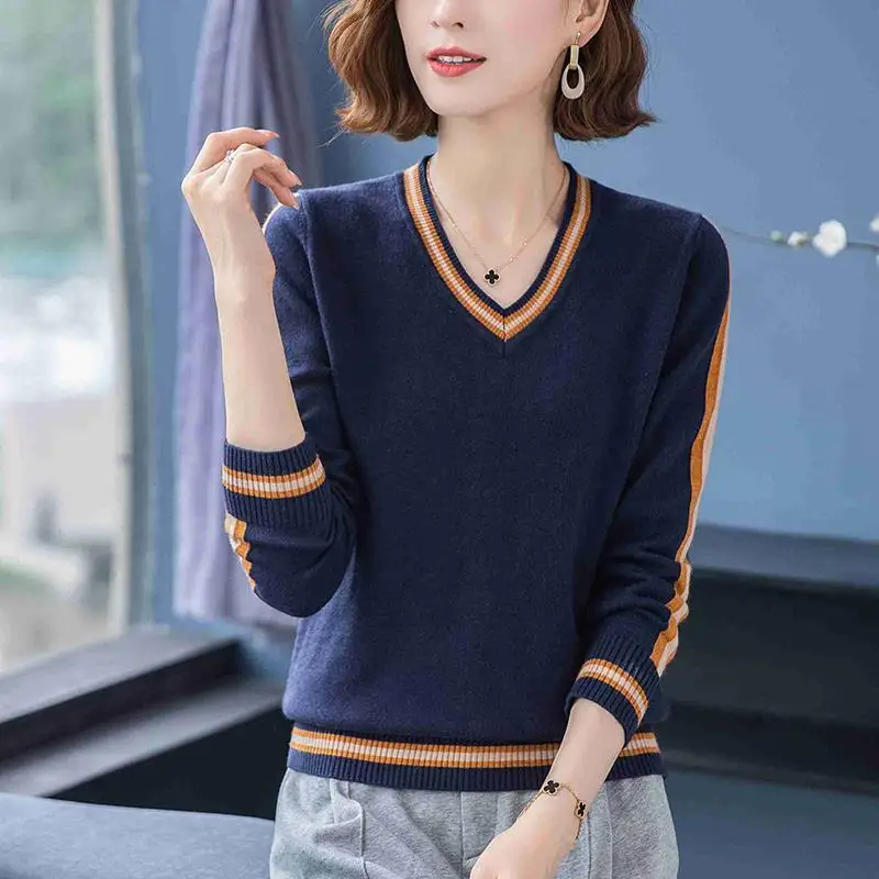 Women Korean Fashion Striped Patchwork Knitted Sweater Spring Autumn Casual V Neck Long Sleeve Pullover Tops Female Loose Jumper