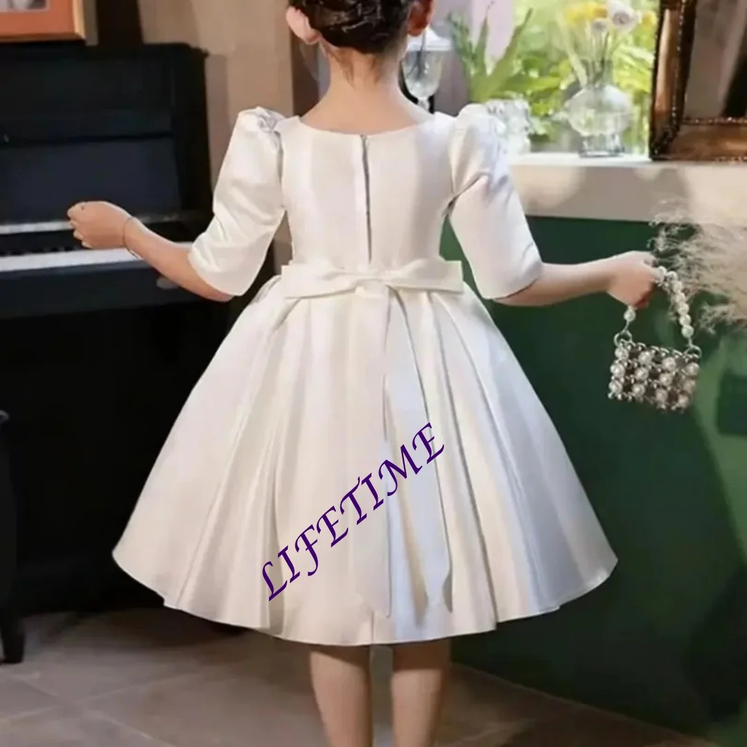 

Элегантное светло-голубое атласное платье с цветочным узором для девочек на заказ, свадебное платье для причастия с короткими рукавами и поясом, платье для вечеринки и выпускного вечера на заказ