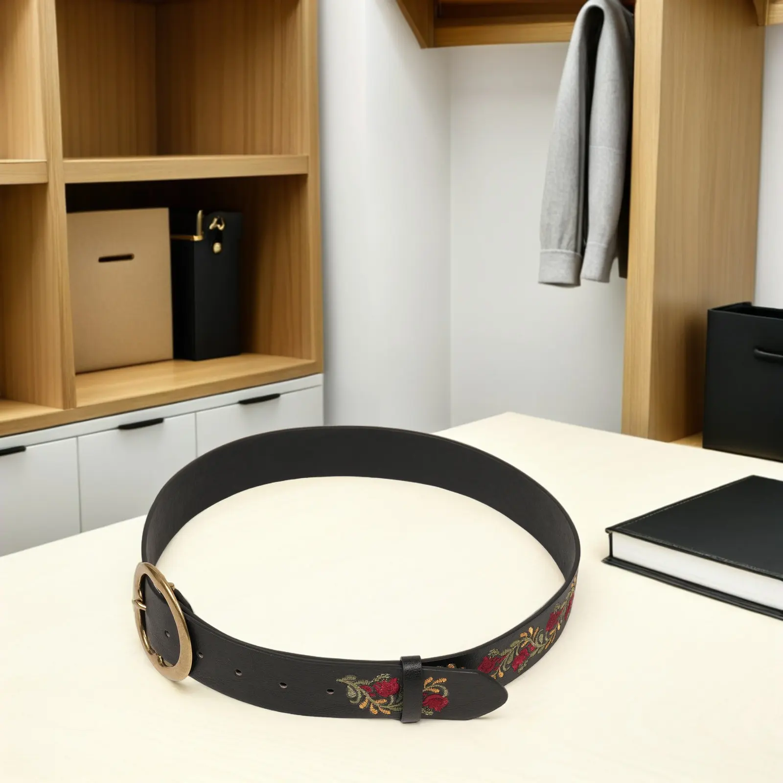 Boho Embroidered Wide Waist Belt Floral PU Adjustable Buckle Sash for Dresses Jeans Skirts Vintage Country Style