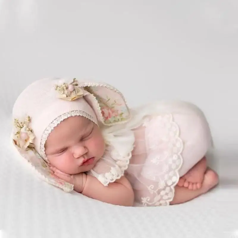 Newborns Photography Outfit Girls Lace Dress Animal Ears Hat Soft Cotton For Baby Photoshoots Celebrations A2UB