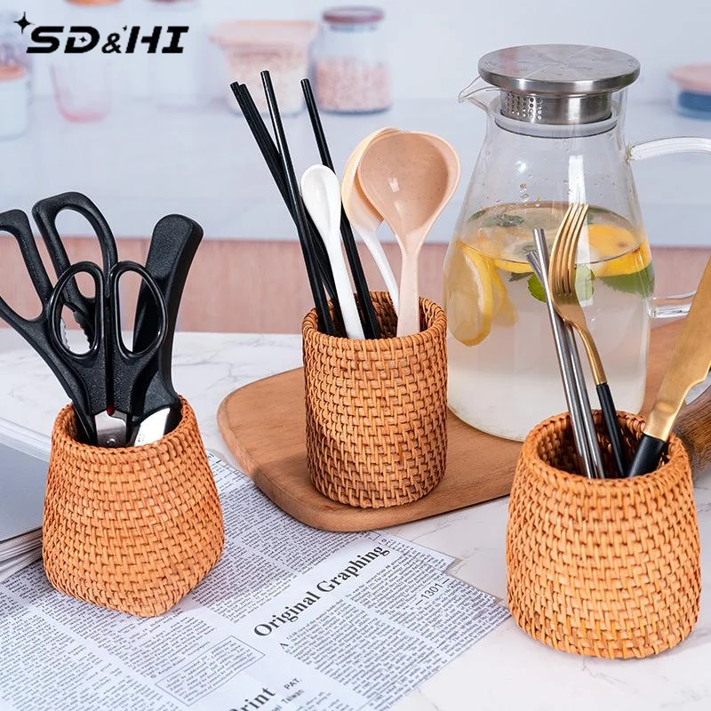 1Pcs Storage Baskets Household Rattan Organizer Chopsticks Shovel Spoons Dinner Knives Forks Tableware Storage Box
