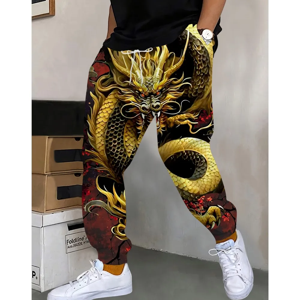 3D Dragon Prints Pants Street Pants Men's Side Pockets Elastic Drawstring Sweatpants Joggers Pants For Men Casual Trousers Fall