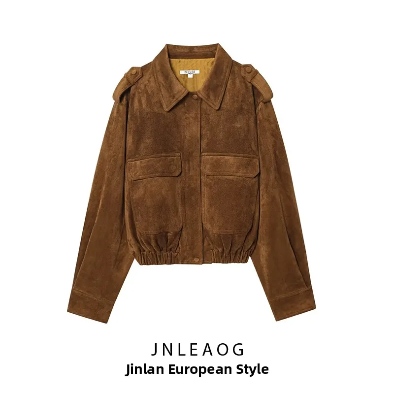 JNLEAOG Autumn New Style Women's Retro Suede Workwear Jacket Outerwear Polyester Standard Fit Zipper Closure Ladies Coat