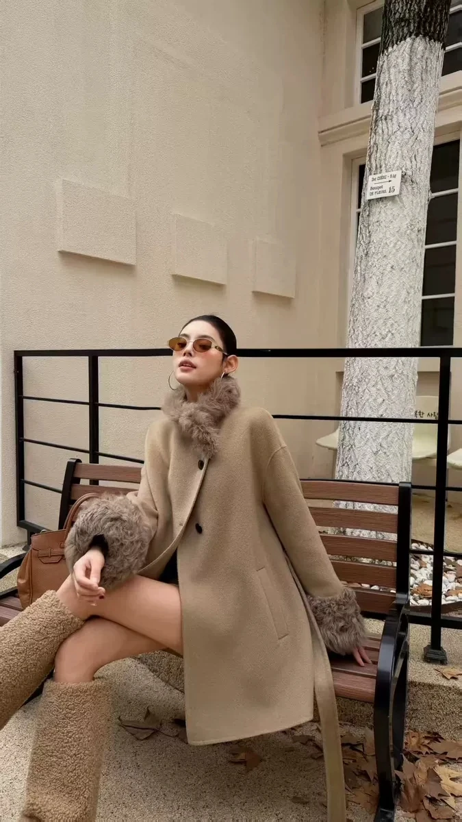 

Зимнее женское двустороннее кашемировое пальто MingRui в европейском и корейском стиле, с воротником-стойкой, пэчворк, из овечьей шерсти, новогоднее платье-халат, коллекция 2026