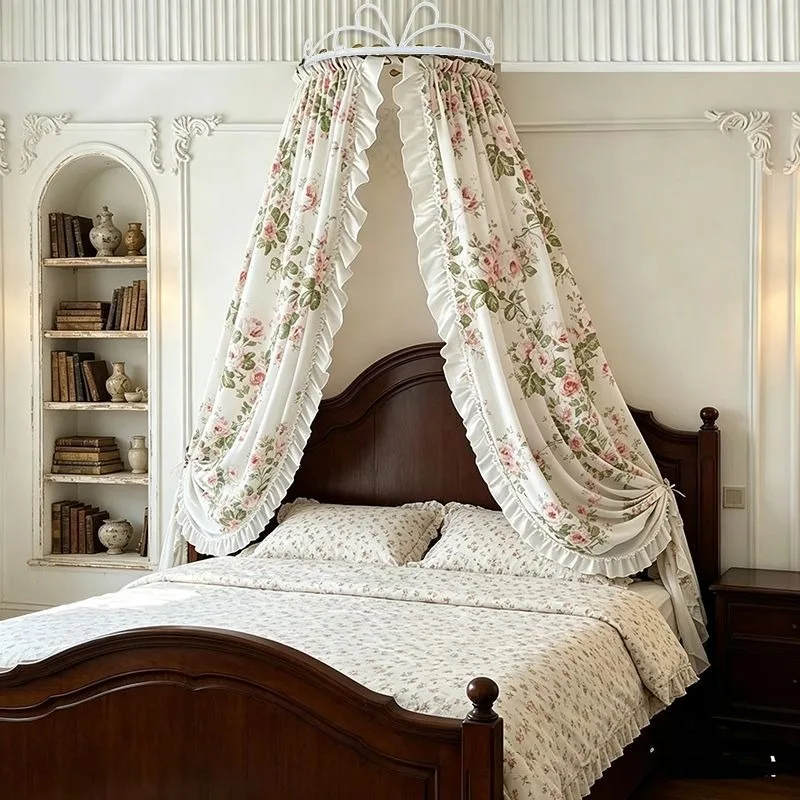 Romantic French bed curtain, retro bedside decorative door curtain, bedroom American gauze curtain princess antique