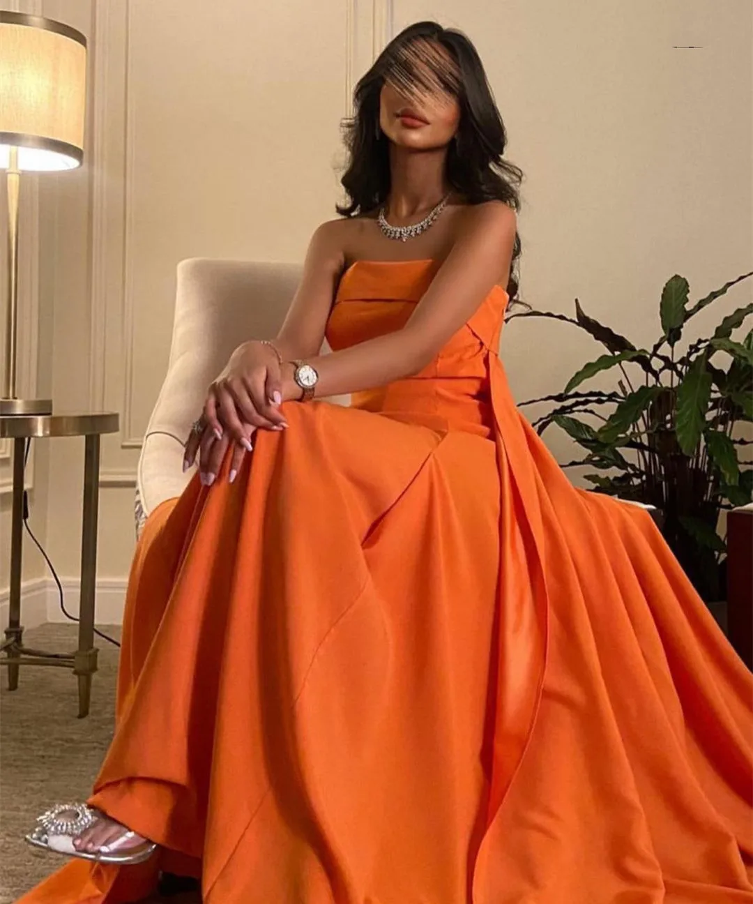 Elegant Long Orange Satin Evening Dresses A-Line Floor Length Zipper Back Pleated Prom Dress Pleated for Women 2023 Summer