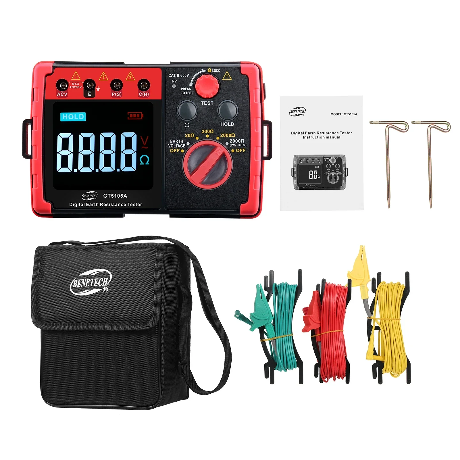 BENETECH GT5105A Cyfrowy miernik rezystancji uziemienia 2000 Megaomów Megomierz Woltomierz Tester uziemienia Wykrywacz baterii