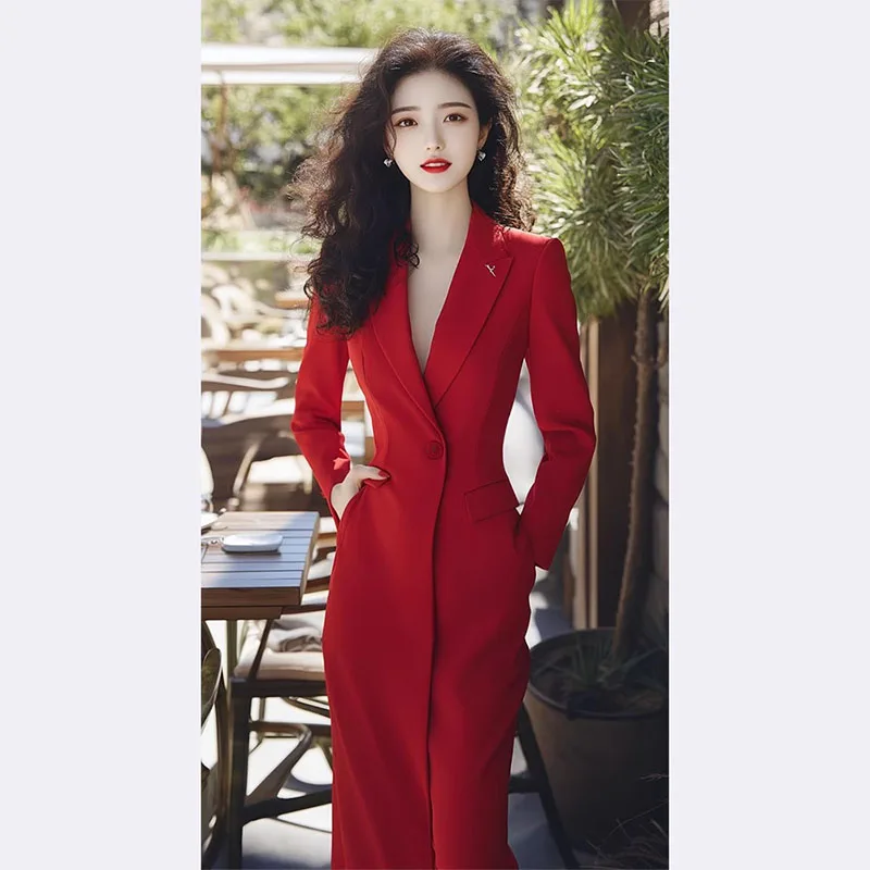 

Red Suit Dress Elegant Formal Occasion Women's Fashion Autumn New Arrival Luxury Feel A-Line Skirt Long Sleeve Pure Color