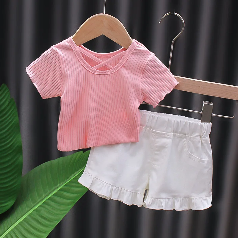 Kid Girl Clothes Elastic Ribbed Short Sleeve T-shirt Pant 2Pcs Suit Summer Children Outfit Toddler Baby Set Solid Trousers A521