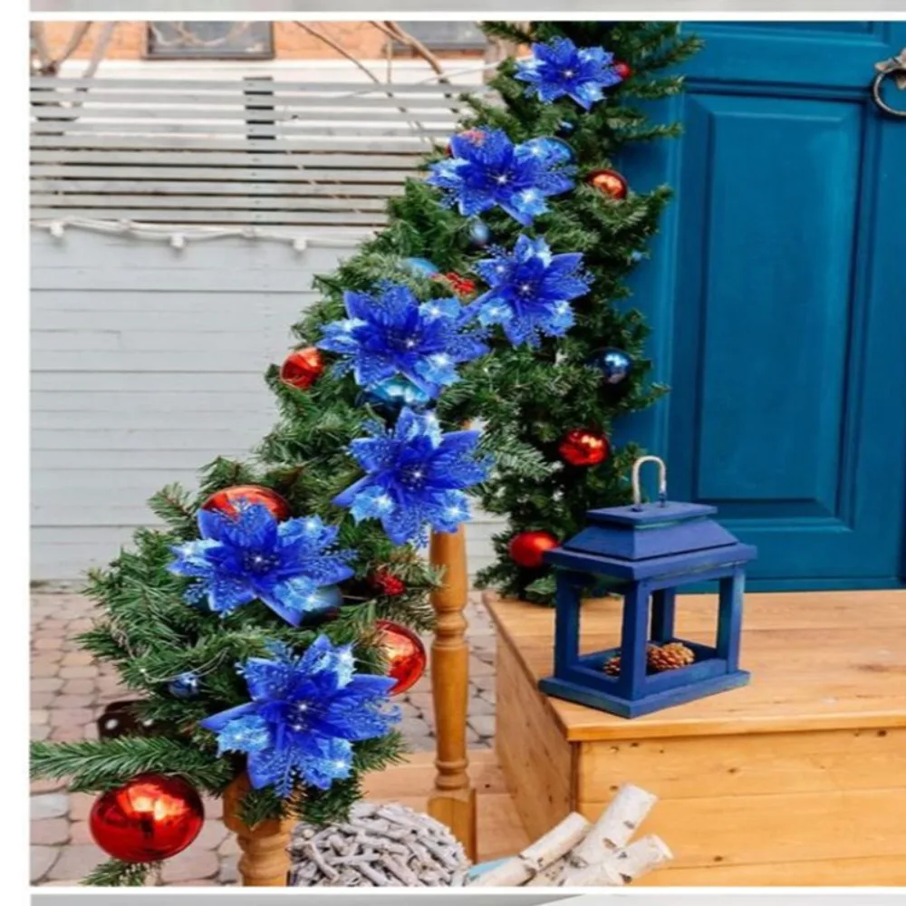 

8pcs Christmas Glitter Artificial Poinsettia Flowers Christmas Tree Flowers Hanging Ornaments Party Decoration With Stems Clips