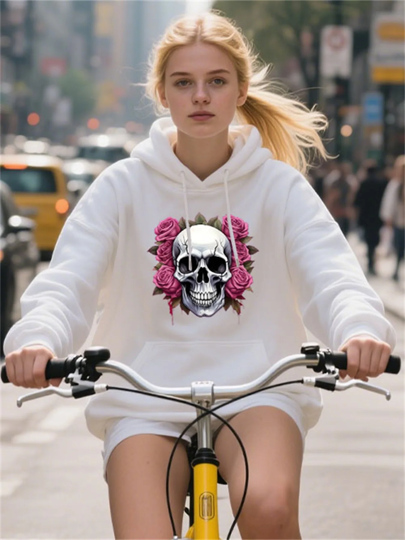 

Skull Rose Print Comfortable Cotton Hoodie For Women Halloween Outfit