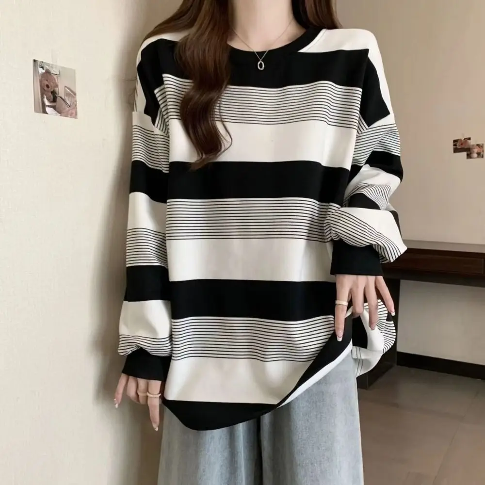 

All-match Retro Long Sleeve T Shirt Plus Size Loose Striped Blouse Stylish Chic Bottoming Top Streetwear