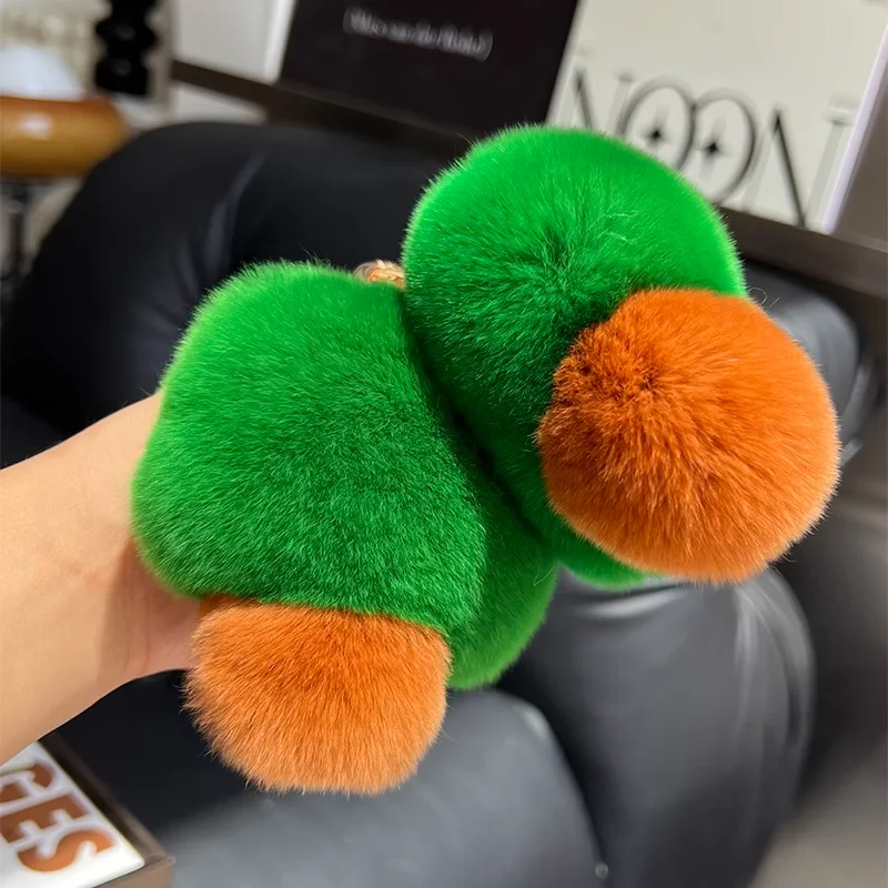 Porte-clés de voiture en vraie fourrure de lapin, petit arbre mignon, boule en peluche verte, poupée, sac à dos, pendentif de sac