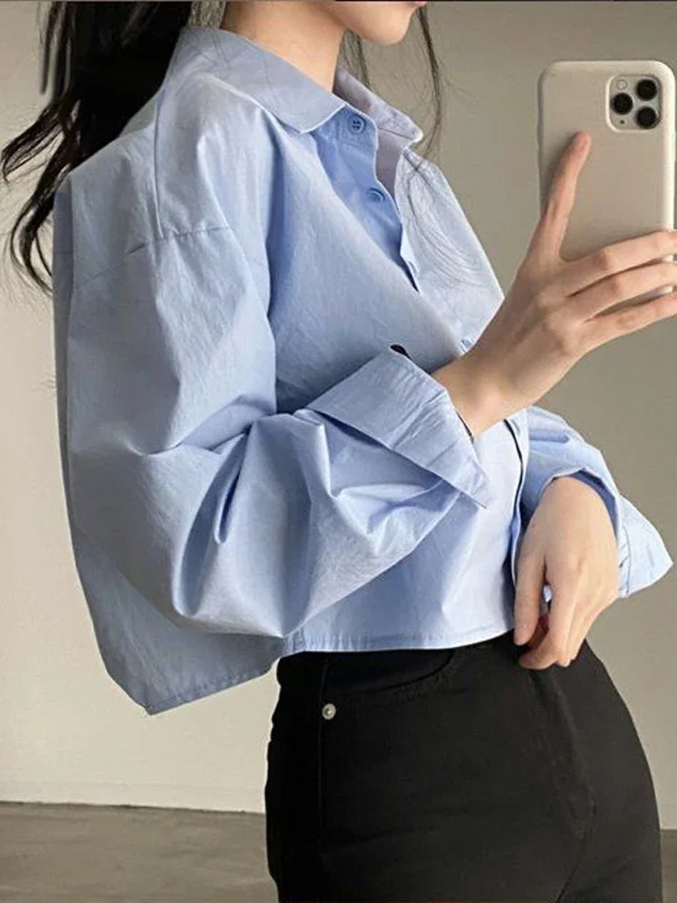 White Shirts Women Korean Style Buttons Folds Slim Fit Crop Tops Female All-Match Daily Design Office Long Sleeve Blouses