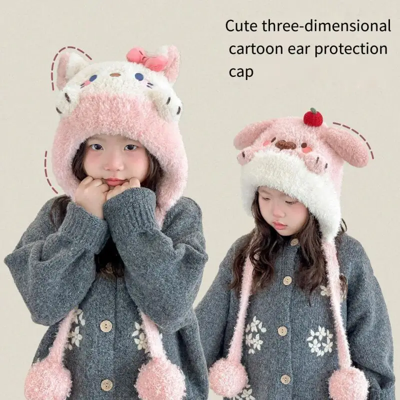 Anime Hello Kitty Kawaii Hat Sanrio Cartoon Melody Children New Cute Plush Thicken Windproof Ear Protection Warm Soft Hat Gift